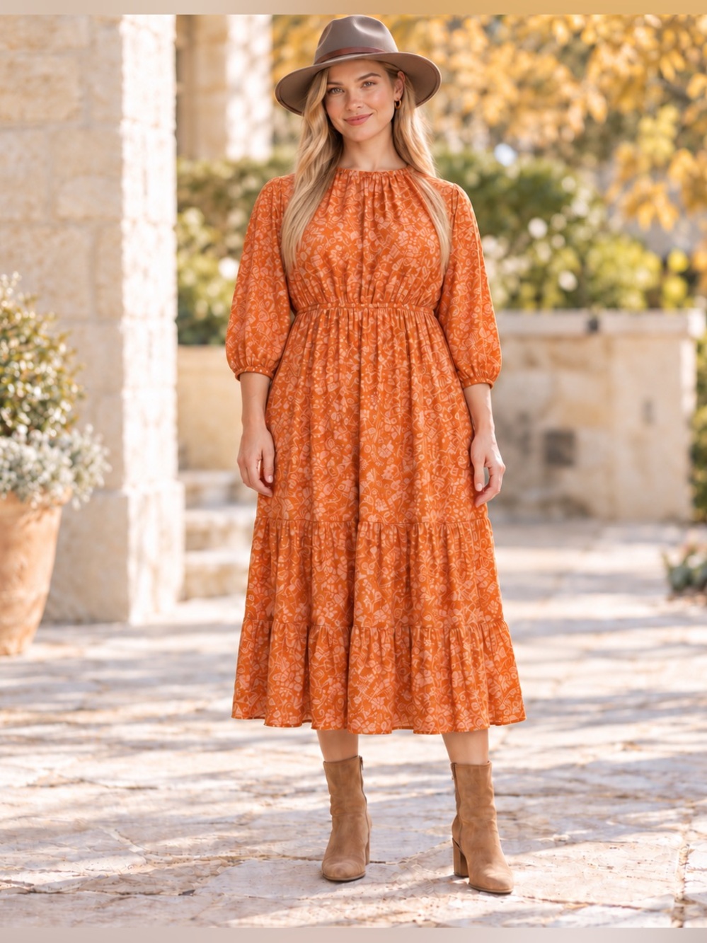 A New Day Orange Floral Prairie Midi Dress L Tiered Boho Cottagecore Rayon